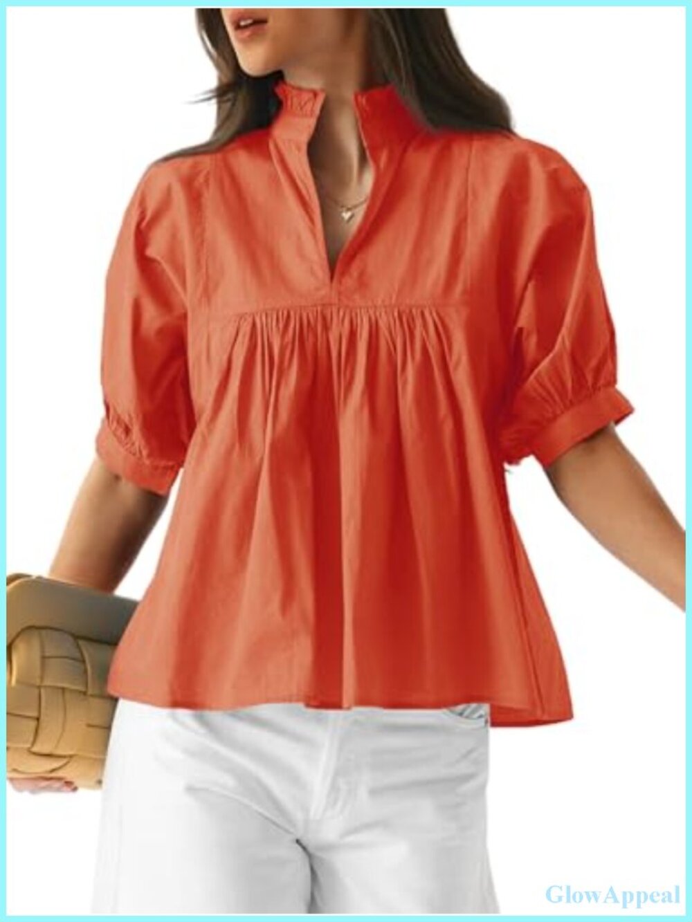 Women's Cotton Babydoll Peplum Top V-Neck Puff Sleeve Blouse